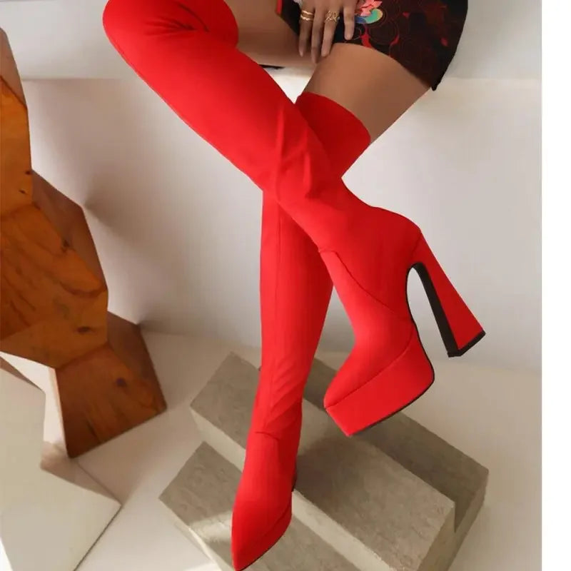 Red Over The Knee Platform Sock Boots with thigh-high design and platform sock boots style
