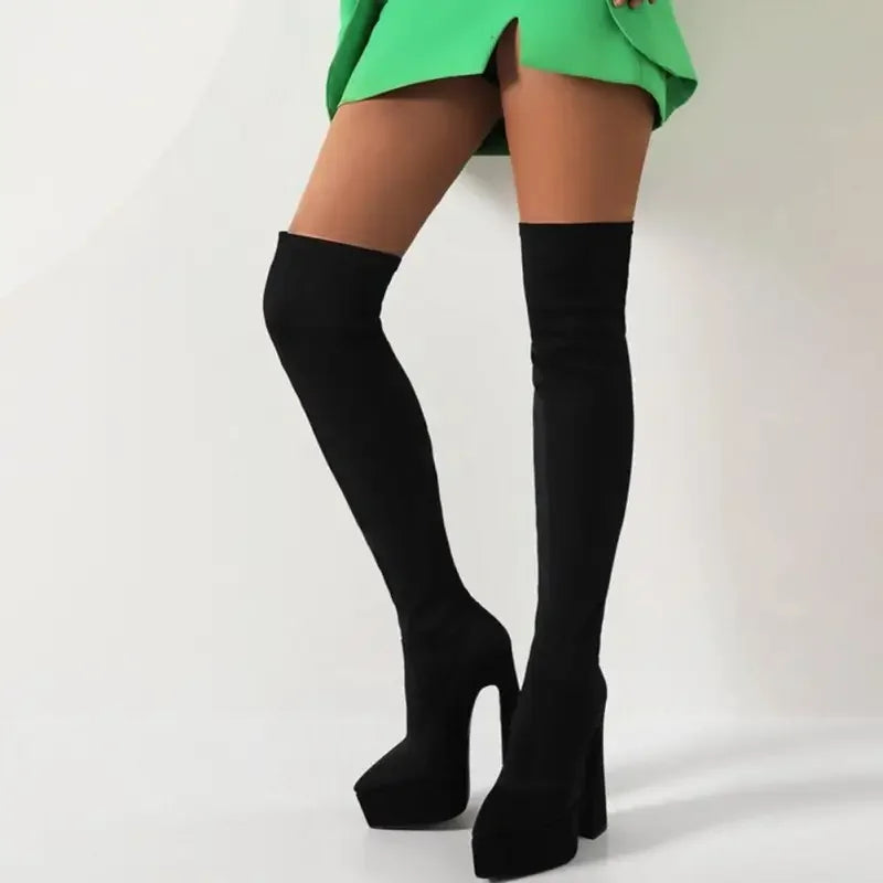 Black thigh-high platform sock boots showcasing stylish knee platform sock design
