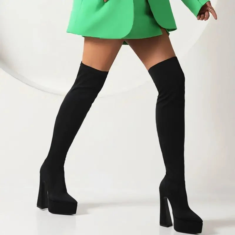 Black knee platform sock boots showcased in Over The Knee Platform Sock Boots product image