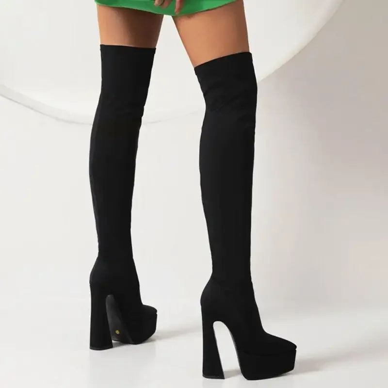 Black knee platform sock boots with over-the-knee design and sturdy platform soles