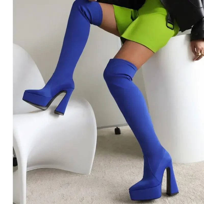 Blue Platform Knee-High Sock Boots for Style and Comfort in Platform Sock Boots