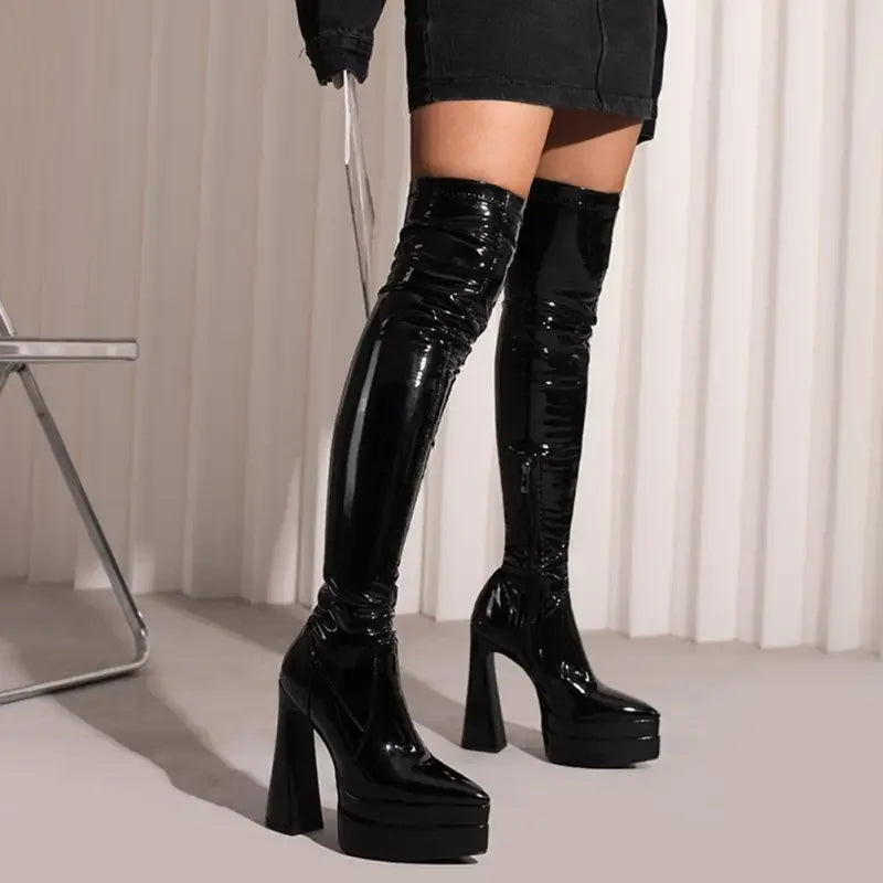 Black patent leather thigh-high boots with platform and chunky heel for fashion by Fashionsarah