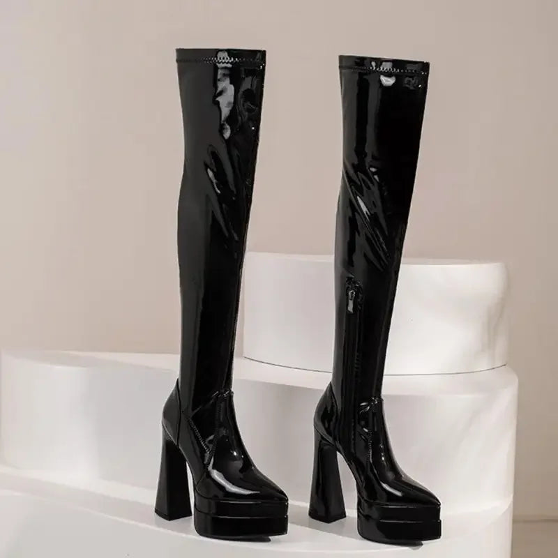 Black patent leather platform thigh-high boots from Luxury Platform Chunky Heel, perfect for fashion by Fashionsarah