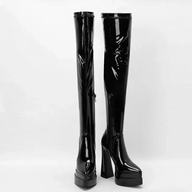 Black patent leather platform thigh-high boots from the Luxury Platform Chunky Heel collection, perfect for fashion enthusiasts Fashionsarah