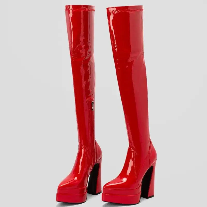 Red patent leather platform boots in the Luxury Platform Chunky Heel collection for fashion enthusiasts