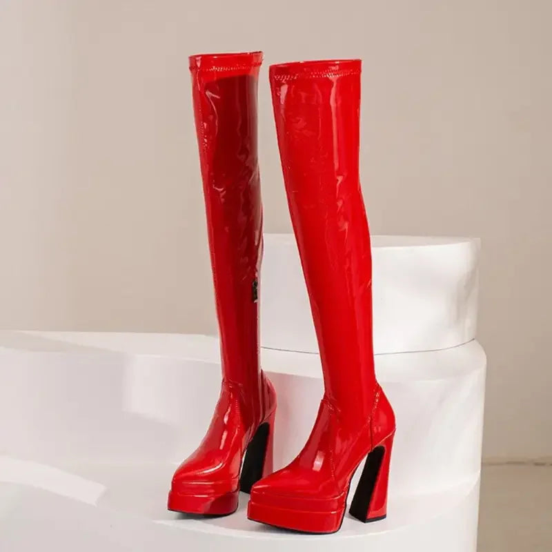Red patent leather platform boots from FashionSarah Luxury Platform Chunky Heel