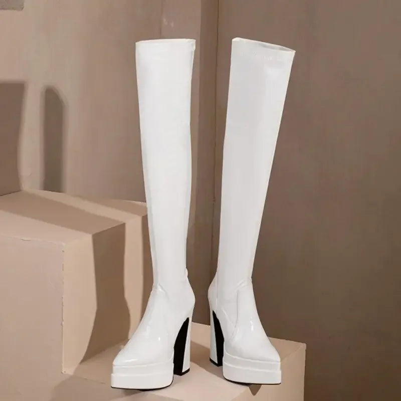 Luxury Platform Chunky Heel white patent leather thigh-high boots for fashionable styles