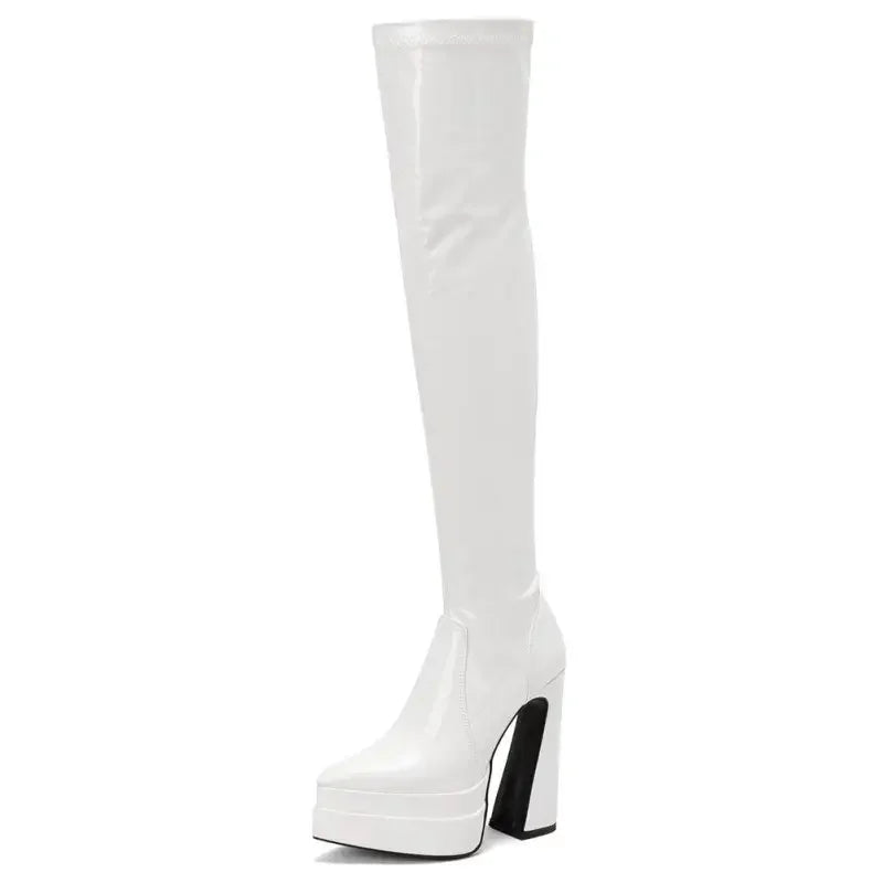 White platform thigh-high boots from Fashionsarah’s Luxury Platform Chunky Heel collection