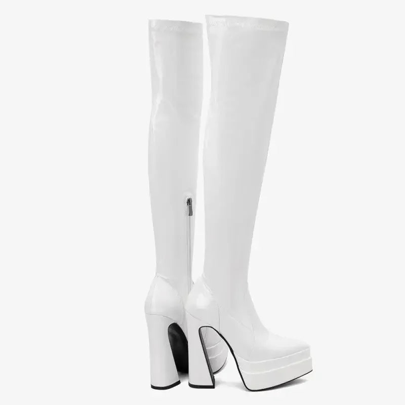 White platform thigh-high boots for fashion from Fashionsarah on the Luxury Platform Chunky Heel