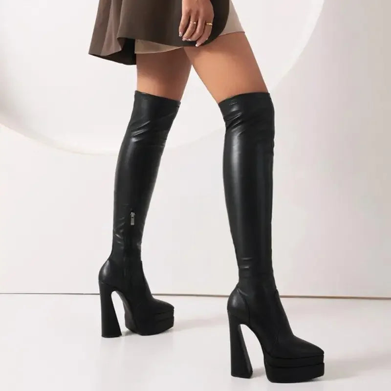 Black platform thigh-high boots from FashionSarah’s Luxury Platform Chunky Heel collection