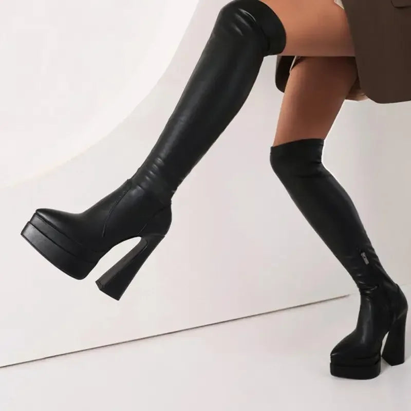 Luxury Platform Chunky Heel black thigh-high boots for fashionable looks by Fashionsarah