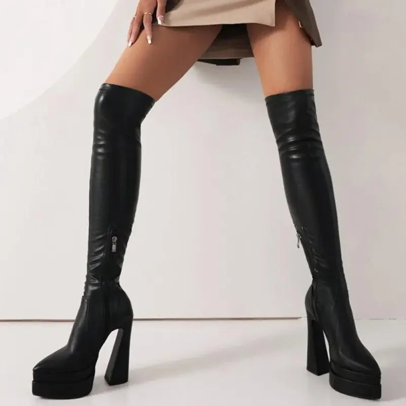Black platform thigh-high boots from FashionSarah’s Luxury Platform Chunky Heel collection