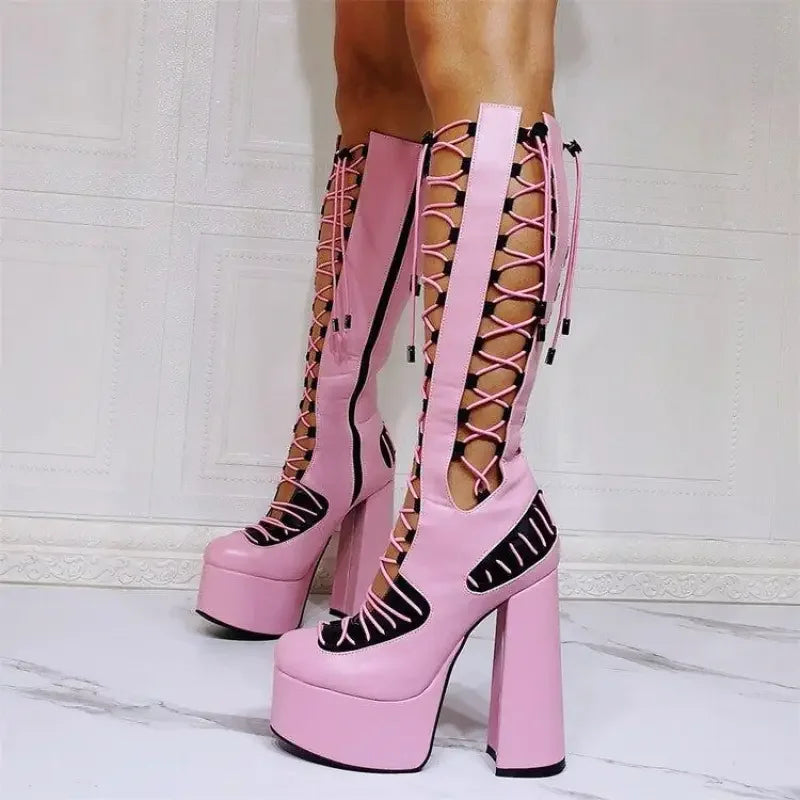 Pink punk style round toe platform lace-up boots ideal for bold fashion statements