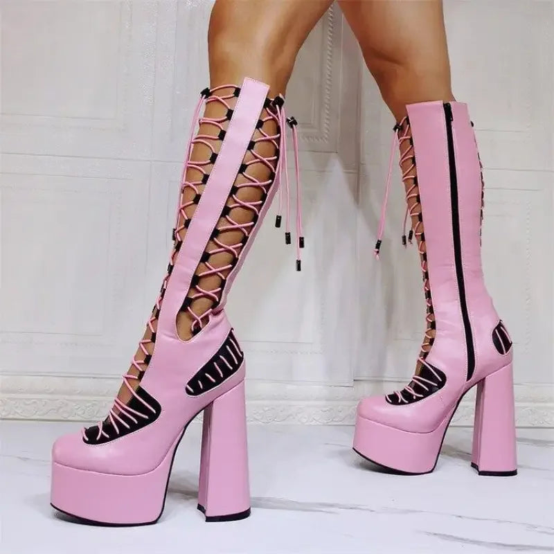 Pink punk style round toe platform lace-up boots for bold fashion statements