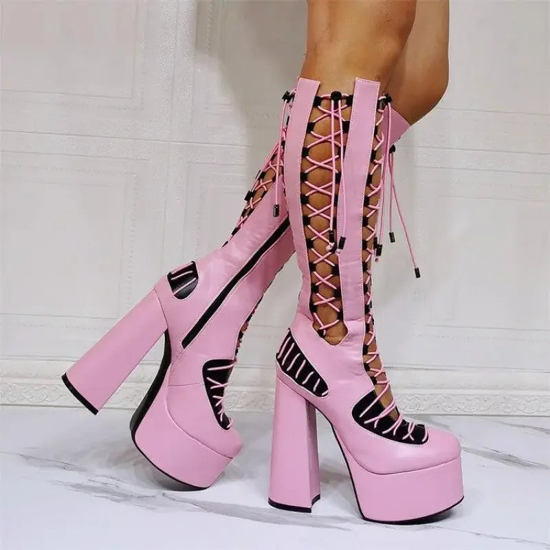 Pink punk style round toe platform lace-up boots for edgy fashion statement