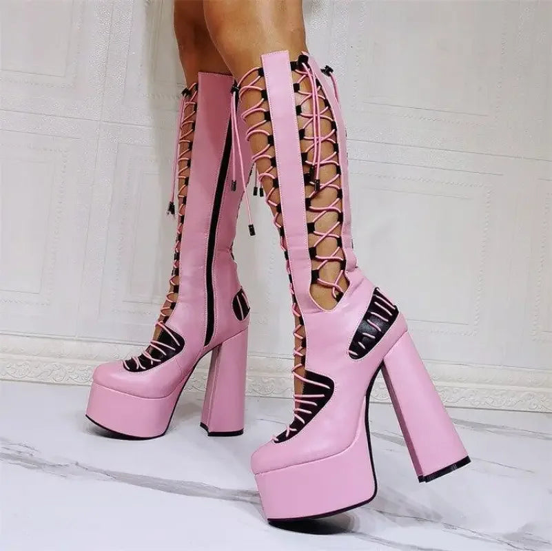 Pink punk style round toe platform lace-up boots for alternative fashion