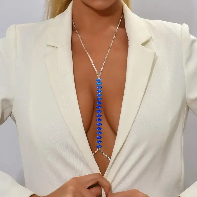 Blue Crystal Chest Chain Necklace | Fashionsarah.com