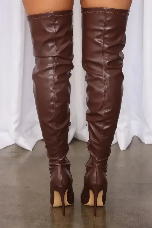 Brown thigh-high stiletto knee boots from New Over The Knee Boots at an online boutique for women’s fashion