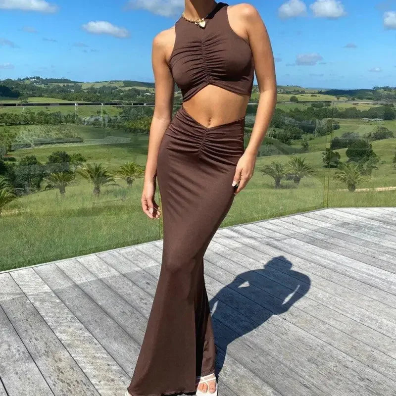 Brown two-piece ruched dress from the Summer Skirt with Top Set by Fashionsarah