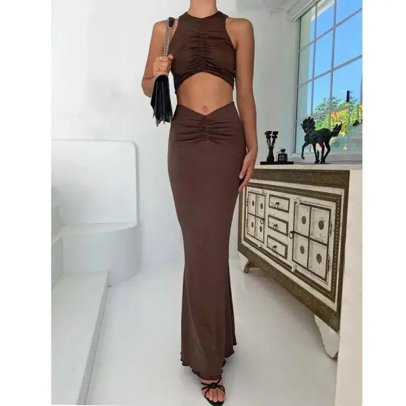 Brown two-piece dress with ruched detailing from Summer Skirt with top set - Fashionsarah skirts sets
