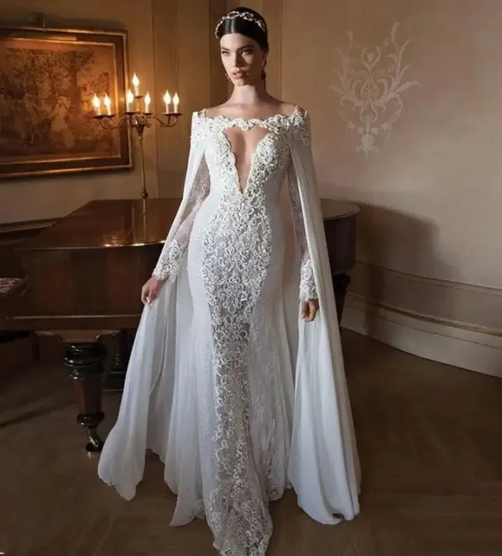 Luxurious Lace Wedding Dress with Cape | Fashionsarah.com