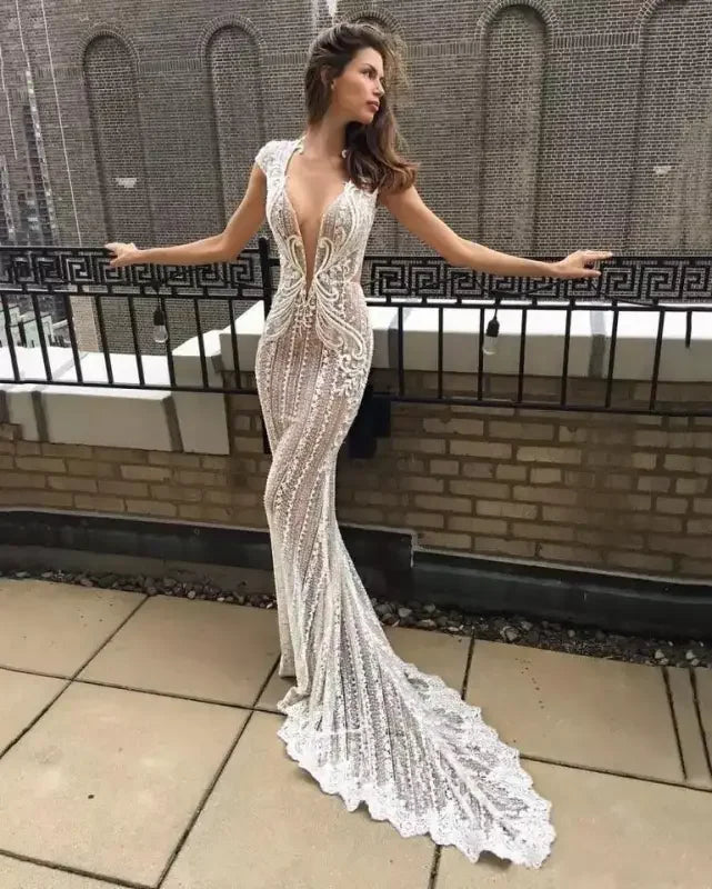 Deep V Neck Lace Wedding Dress | Fashionsarah.com