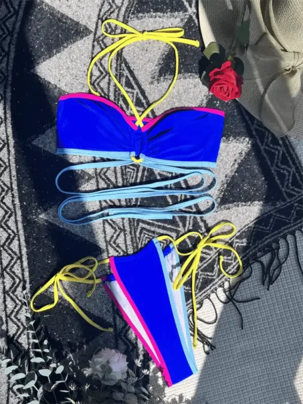 Colorful two-piece bandage women’s swimsuit set displayed in women’s swimsuit collection