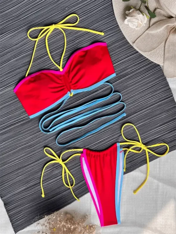 Red and blue bandage women’s swimsuit with yellow ties from women’s swimsuit sets