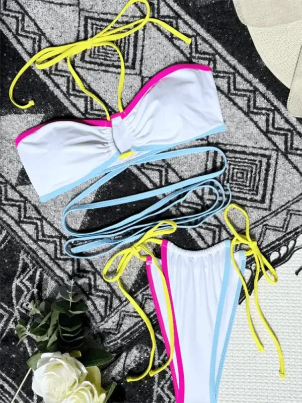White bikini with colorful trim from Bandage Women’s Swimsuit Sets, stylish women’s swimsuit