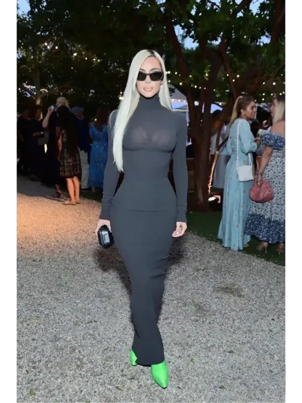 Kim Kardashian’s long-sleeved form-fitting gray dress with neon green heels for women’s fashion