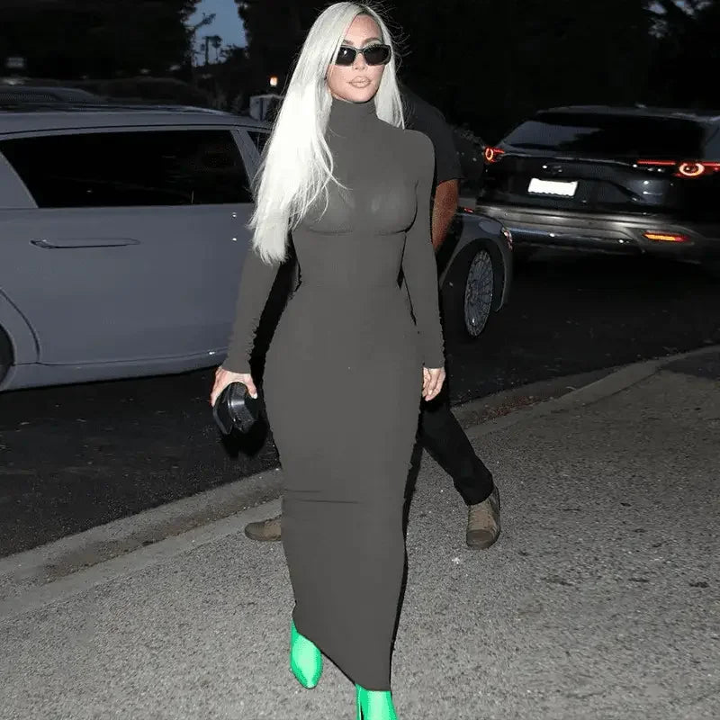 Kim Kardashian’s long-sleeved form-fitting turtleneck maxi dress for women’s fashion