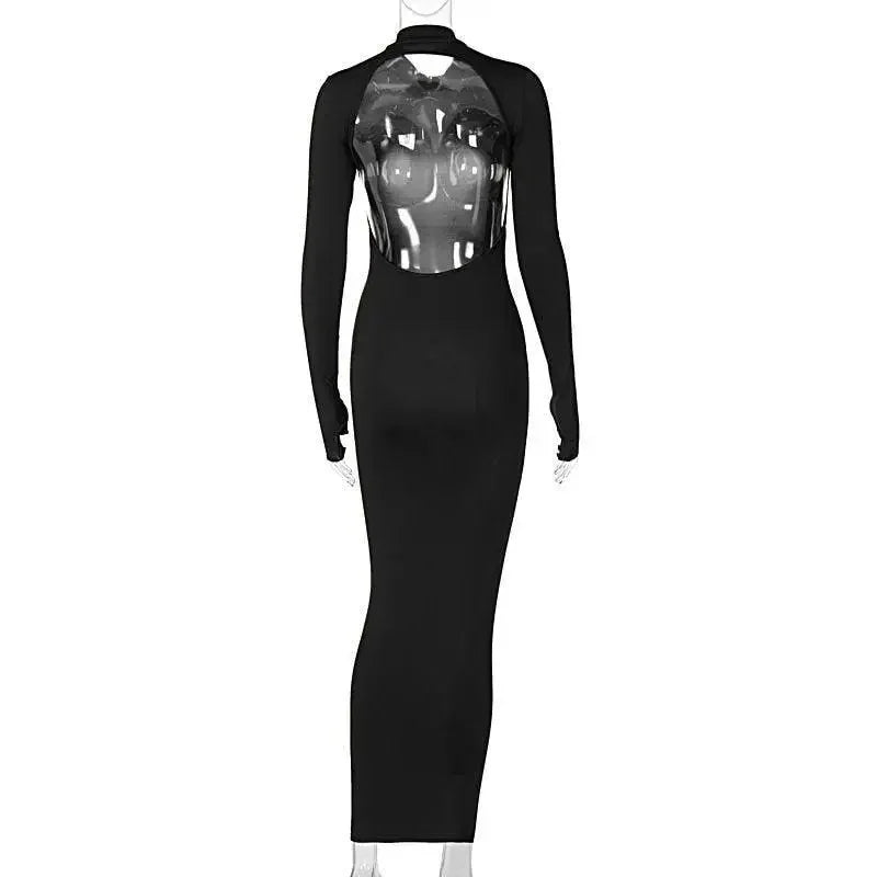 Kim Kardashian’s long-sleeved long black dress with sheer back for women’s fashion