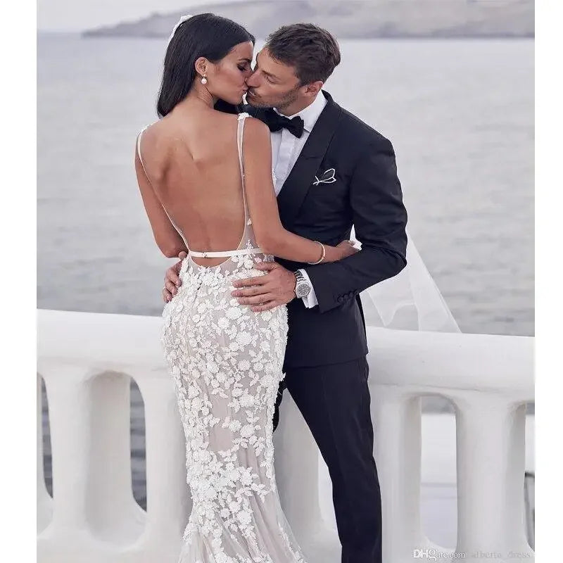V-neck Wedding Dress with 3D Lace Applique | Fashionsarah.com