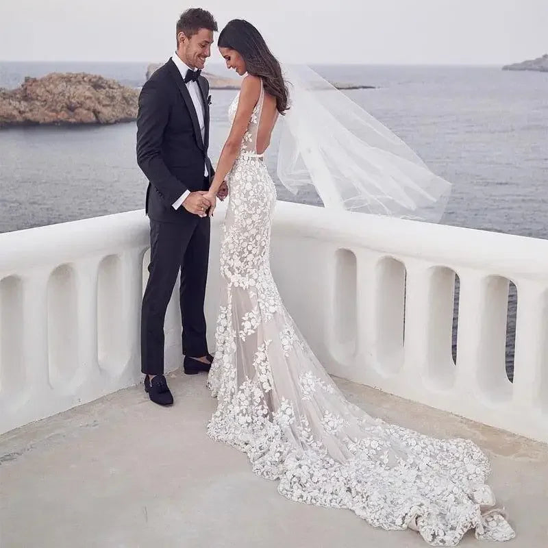 V-neck Wedding Dress with 3D Lace Applique | Fashionsarah.com