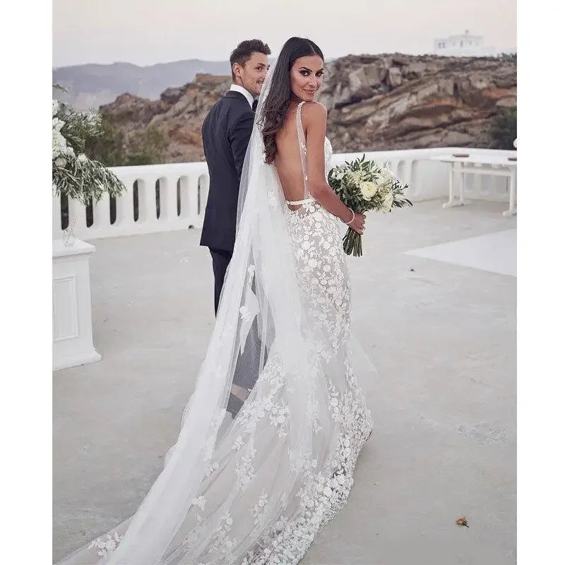 V-neck Wedding Dress with 3D Lace Applique | Fashionsarah.com