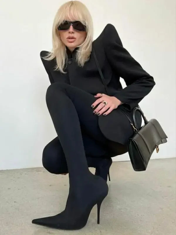 Black stiletto sock boots from Stiletto Pant Boots collection showing sleek design