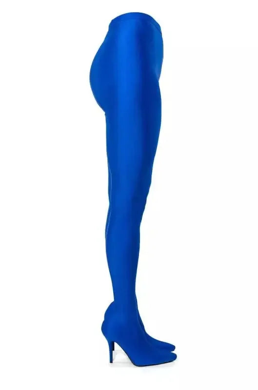 Blue spandex stiletto pant boots with attached heels for stylish modern footwear