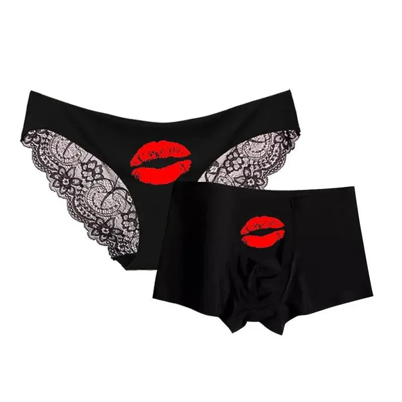 Romantic matching couples panties with black fabric and red lip print design
