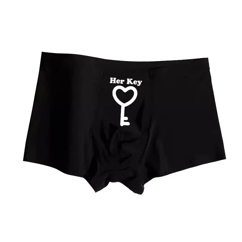 Black men’s underwear with heart-shaped key design for romantic matching couples panties