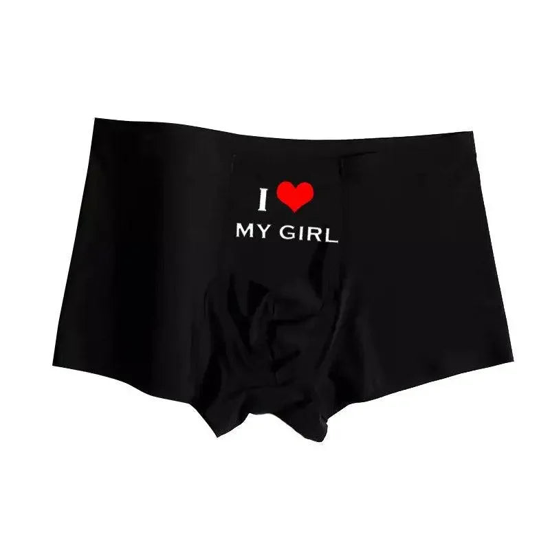 Black boxer briefs with I love my girl text in romantic matching couples panties set