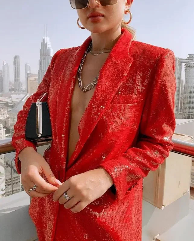 Red sequined blazer from Fashion Sequin Blazer + Straight Trousers collection