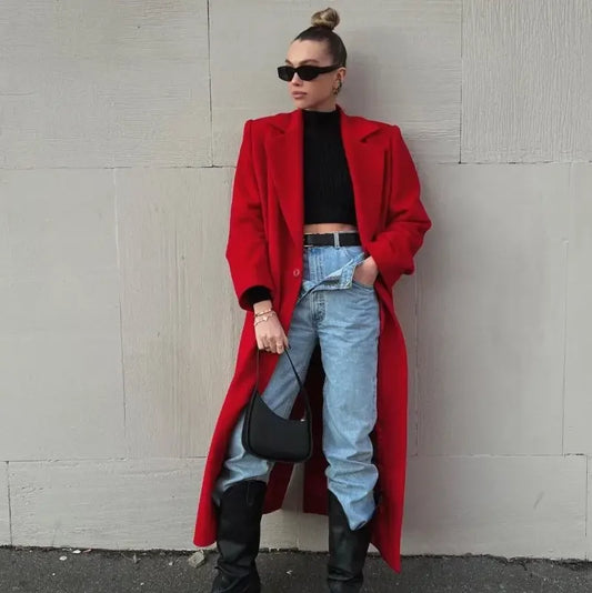 Woman in dark red woolen women coat and jeans, showcasing stylish red woolen women fashion