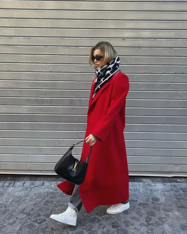 Woman in a long dark red woolen women coat, stylish red woolen women outerwear