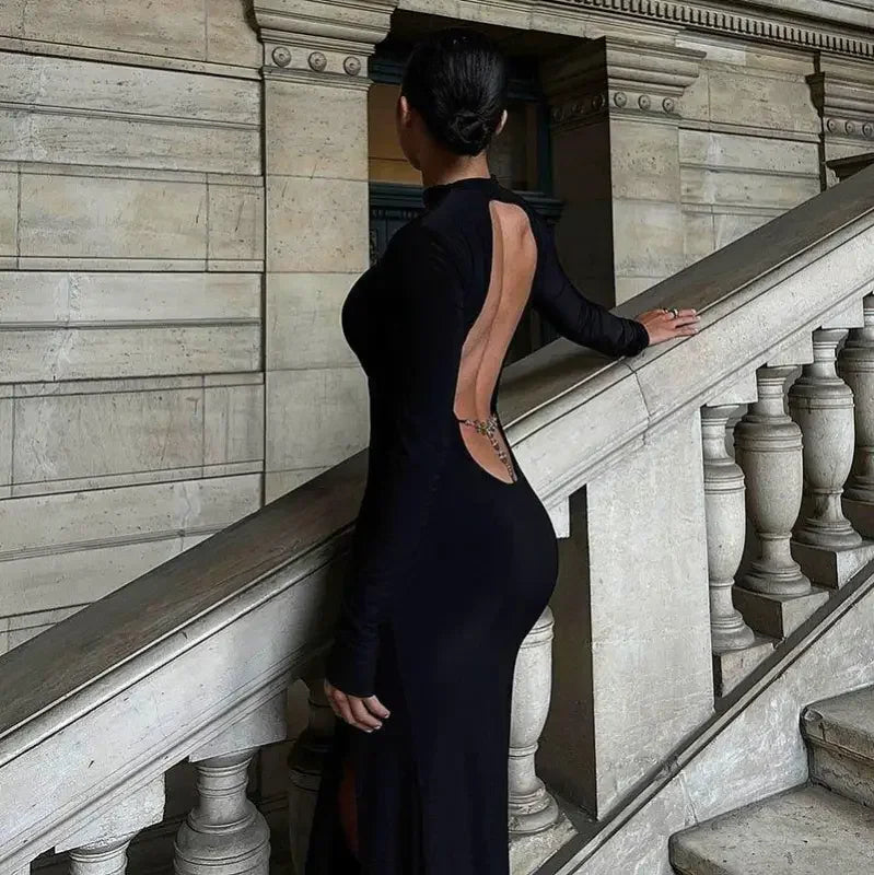 Backless black gown open back maxi dress ideal for autumn long sleeve or sleeve maxi dress occasions