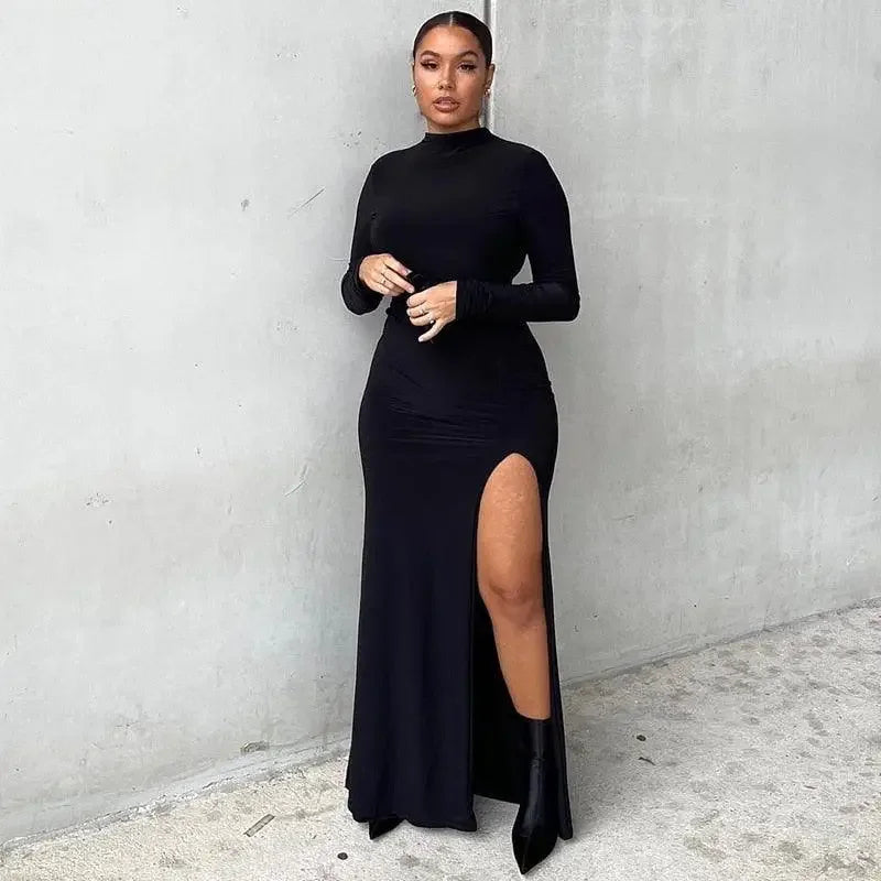 Black open back long sleeve maxi dress with thigh-high slit for autumn occasions