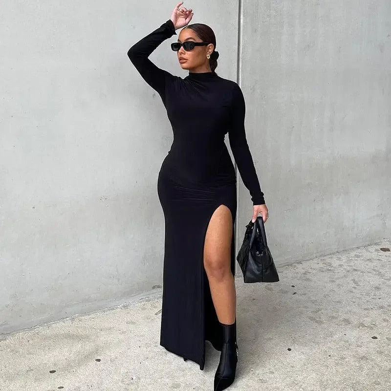 Black long sleeve maxi dress with thigh-high slit, perfect for autumn long sleeve events