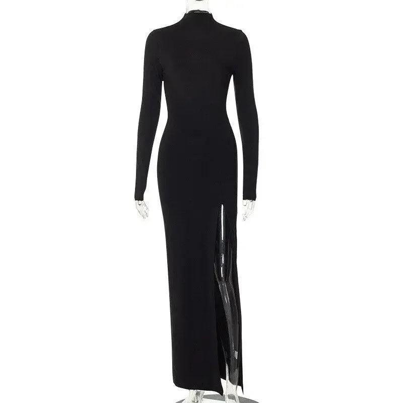 Open back maxi dress featuring an autumn long sleeve black design with a high slit