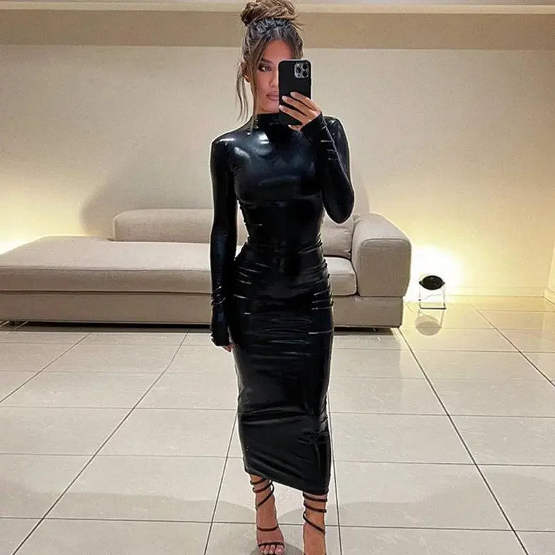 Shiny black latex long sleeve midi dress, perfect as an Autumn long sleeve dress