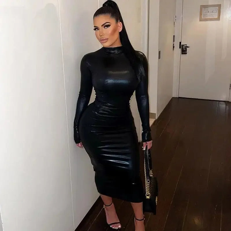 Shiny black leather long sleeve midi dress, perfect as a stylish autumn long sleeve maxi dress
