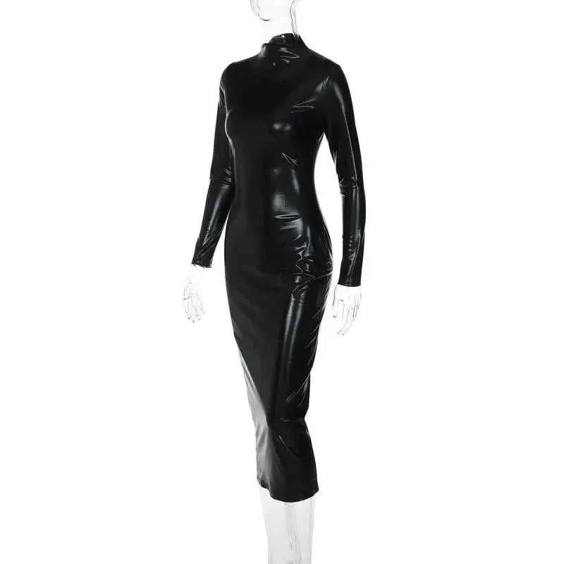 Black shiny leather long sleeve midi dress, ideal for autumn long sleeve occasions